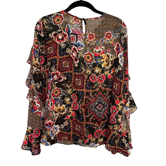 Limited Floral Boho Ruffle Sleeve Sheer Blouse Black & Multicolor Women's Large - Picture 4 of 12